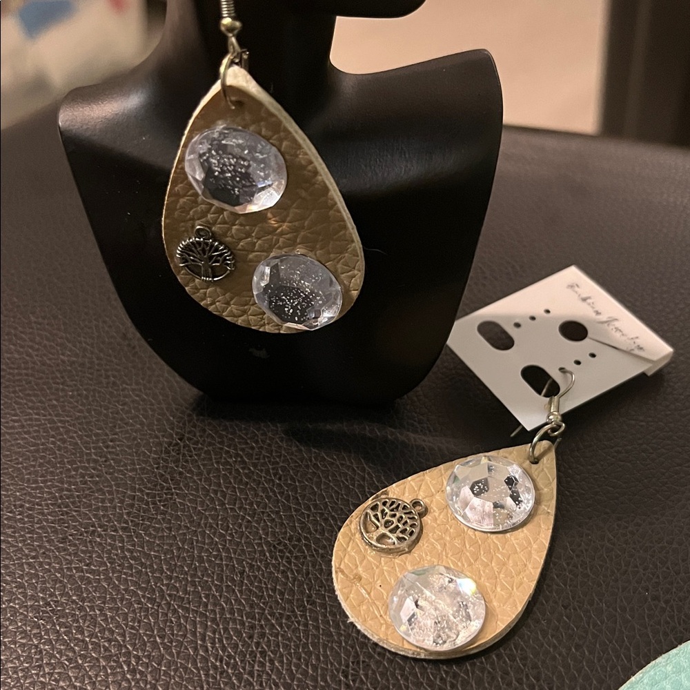 Tan Teardrop Earrings with Crystal Accents